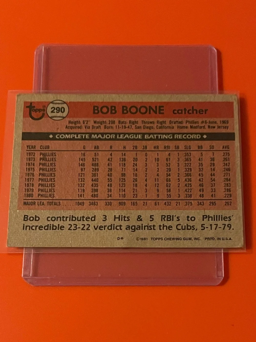 Bob Boone #290 1981 Topps Baseball Trading Card